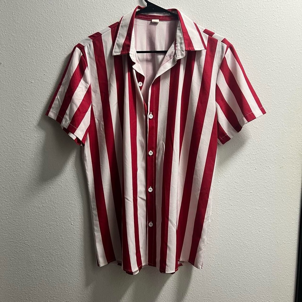 Red and white striped button-up shirt